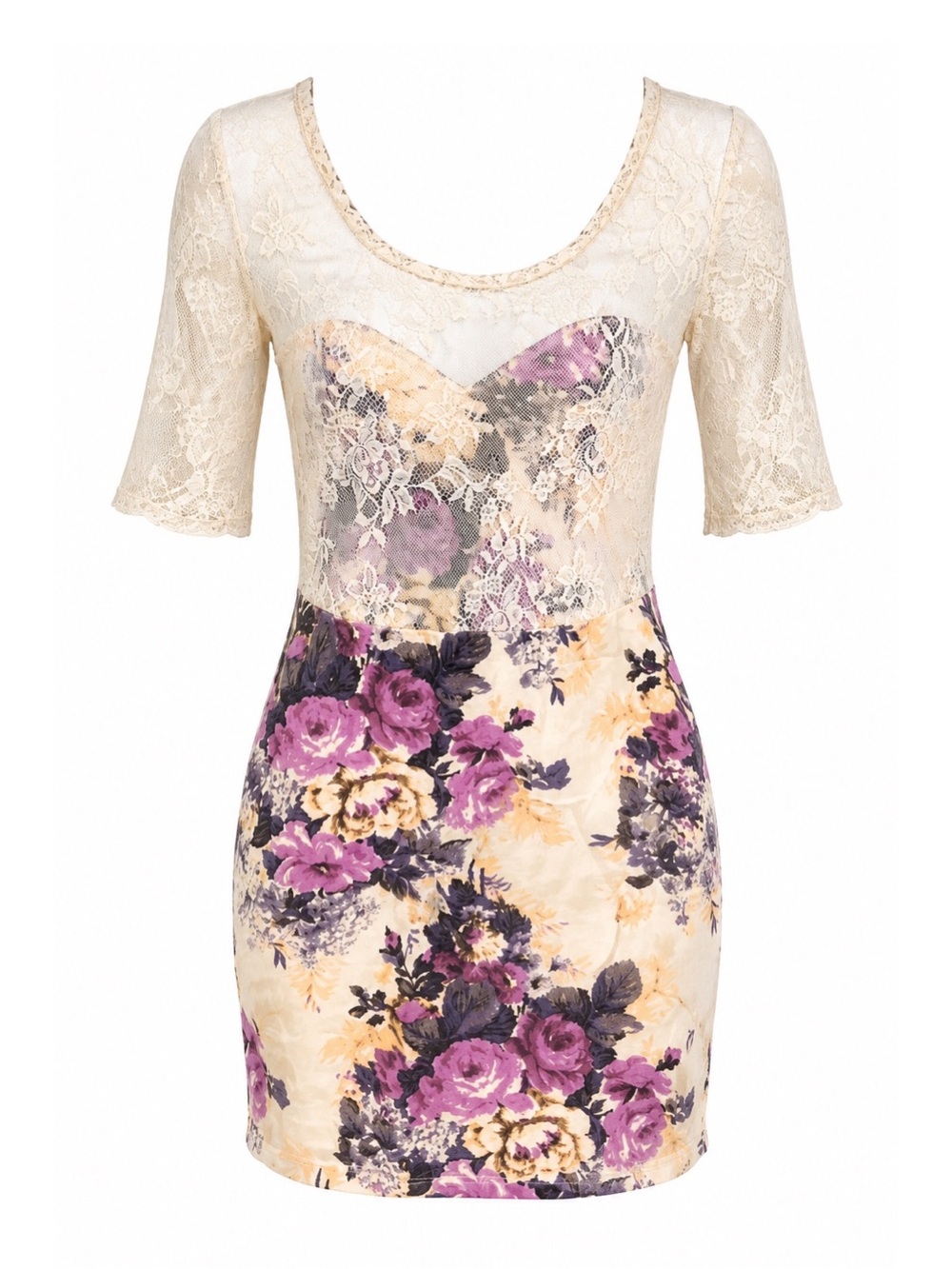 Intimately Free People Pastel Floral Lace Quarter Sleeve Bodycon Dress Womens S